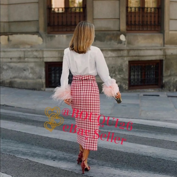 Zara TWEED TEXTURED WEAVE HOUNDSTOOTH
High-waist Midi Skirt Front Slit Pink NEW - Picture 5 of 16